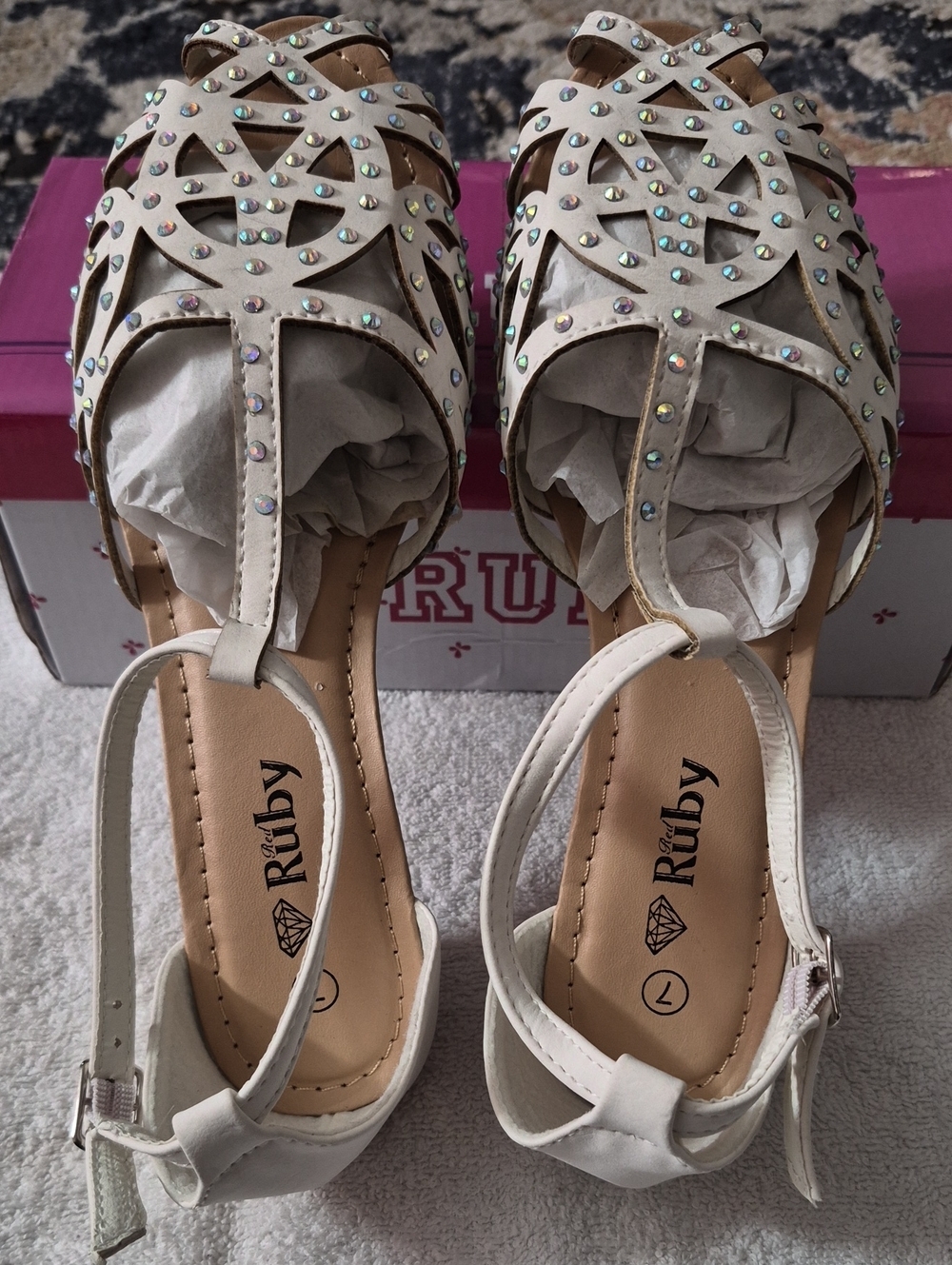 White Crystal-Embellished Cutout T-Strap Heels